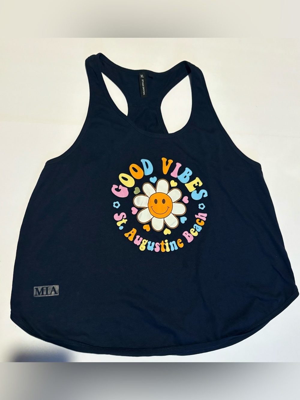 Hot Miami Styles Navy Tank with Colorful Daisy 'Good Vibes' Graphic